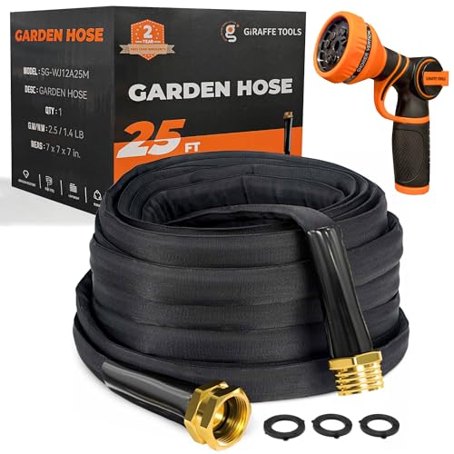 Garden Hose 25FT Lightweight Lay Flat Water Hose Kink Free Flexible Hose with 9 Spray Function Nozzle（Black）