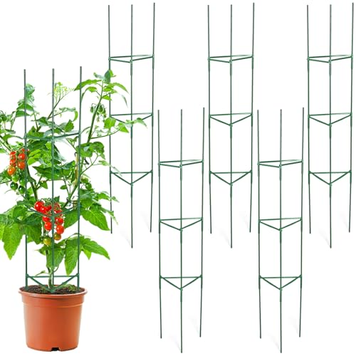 5 Pack Tomato Cages for Garden 48 Inch Metal Tomato Cages Heavy Duty Plant Supports Assembled Garden Trellis Stakes with Adjustable Snap Arm for Climbing Plant Vegetable (Green)