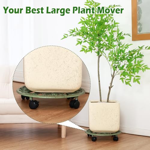 2 Packs 14 Inch Rolling Plant Stand with Wheels Metal Plant Caddy with Wheels Heavy Duty Round Plant Stand Indoor Iron Plants Rollers for Plants (14 inch: 2 pcs / Retro Green)