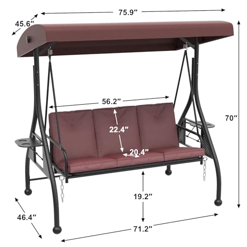 3 Seat Patio Porch Swing with Adjustable Canopy and Stand (Brown / with cup holder)