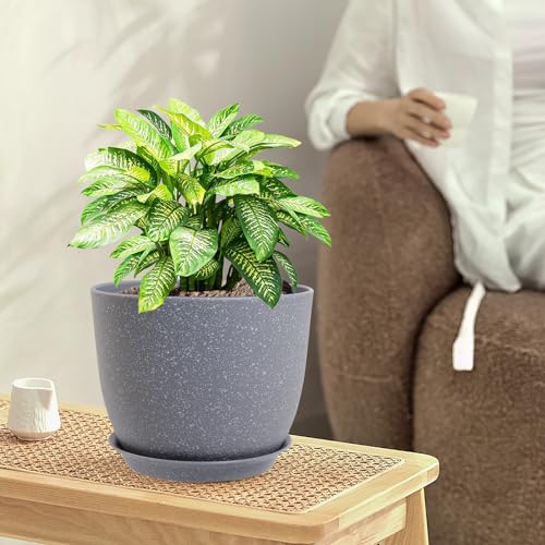 10/9/8 inch Plant Pots, Set of 3 Modern Decorative Plastic Planters with Drainage Holes and Saucers for Garden House Plants, Flower Pots for Indoor Outdoor Plants, Speckled Grey (3 Count)