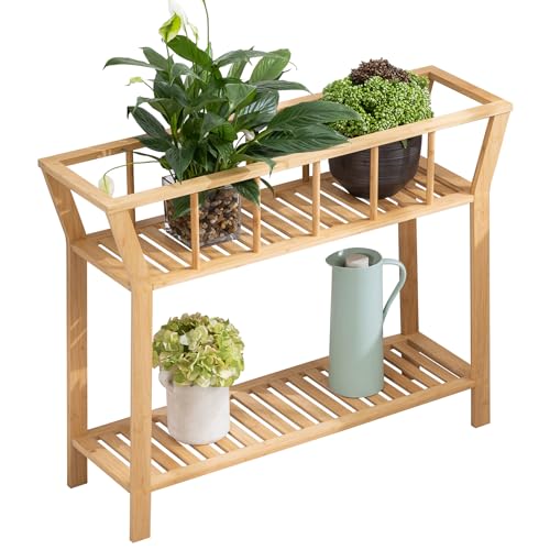 Bamboo Plant Stand Indoor 37.4"x11" 2 Tier Tall Organizer Shelf