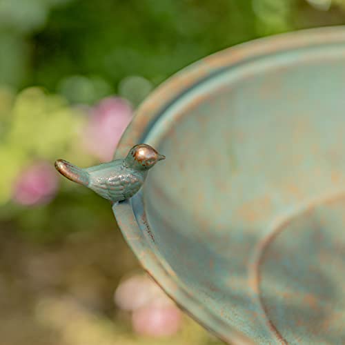 Ornate Pedestal Style Birdbath with Cast Iron Birds on Rim