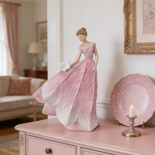 Pink Leaf Angel Girls Fairy Statue (Pink-bird / Large)