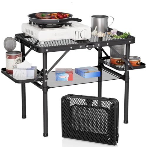 Folding Grill Table Small 2ft with Iron Mesh Top Heatproof (Small / Black Mesh & Storage Net)