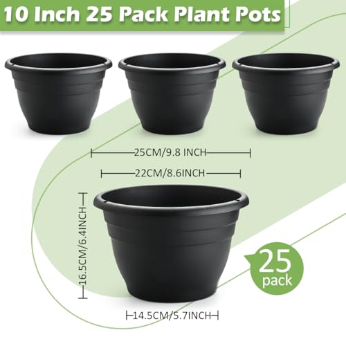 25 Pack 10 Inch Plant Pots with Drainage Holes (Black Pack of 25 / 10 inch)