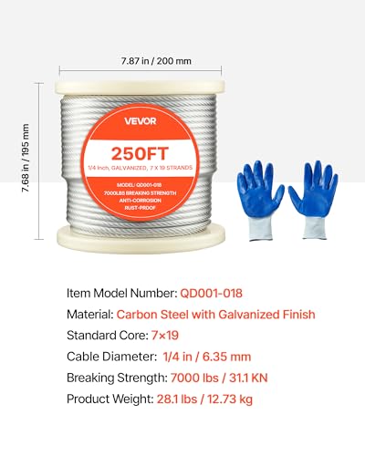 Wire Rope, 1/4" 250 ft Zinc Galvanized Carbon Steel Cable with Gloves, 7000 lbs Breaking Strength, 7 x 19 Strands Construction Marine Aircraft Grade for Handrail Stair Decking Fence Outdoors