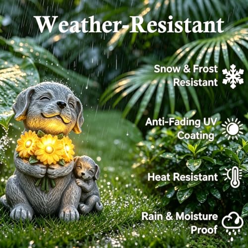 Garden Statue Dog Figurine with Solar Sunflowers Bouquet Outdoor Decoration