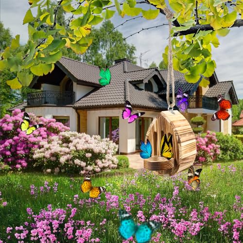Butterfly House Wooden Habitat Natural Nesting Box Garden House with Feeder Hanging for Bee Butterfly Ladybirds for Garden Outside