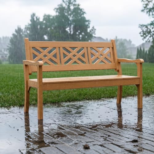 54" Poly Lumber Outdoor Patio Bench Weatherproof (Teak Color / 3-Person)