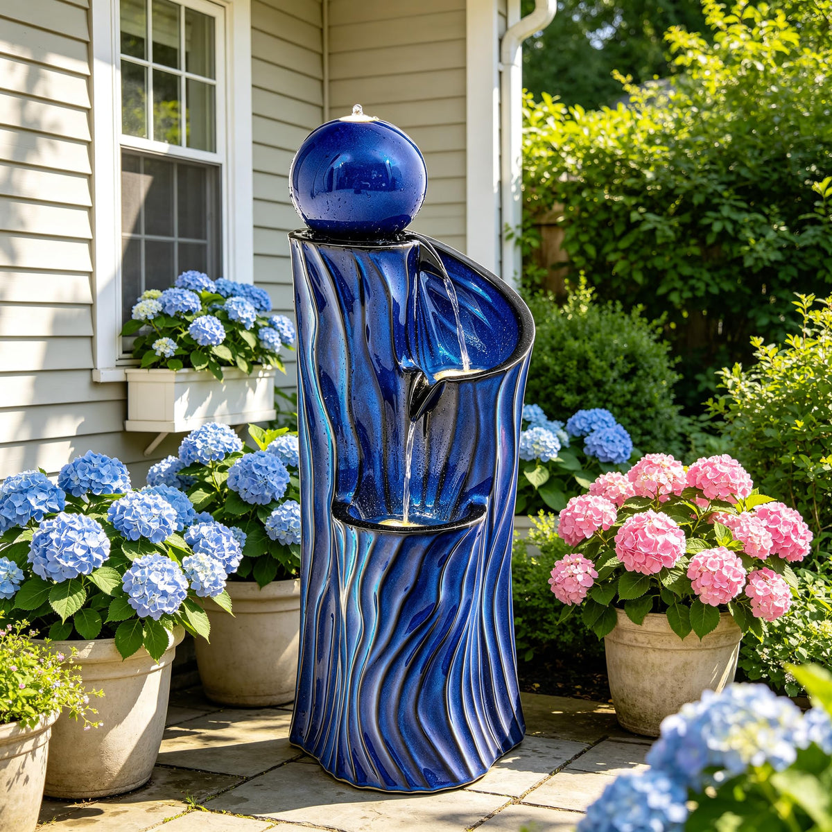 32"Ceramic 3 Tier Sphere Outdoor Water Fountain (Blue Wave Texture Cobalt 32"h-sphere)