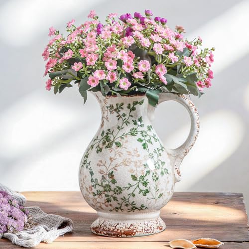 Ceramic Pitcher Vase with Handle (07-green and Beige-9.7 Inch)