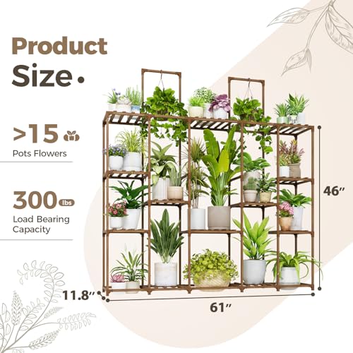 Large Plant Shelf Plant Stand Indoor 62.2" Tall Outdoor Plant Holder Wood for Multiple Plants Hanging Plant Rack for Living Room Garden Balcony
