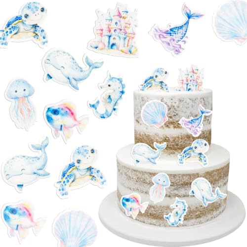 60Pcs Edible Under The Sea Cupcake Topper Edible Starfish Octopus Crab Jellyfish Dolphin Starfish Seahorse Cupcake Picks for Under the Sea Baby Shower Boys Girls Birthday Party Decorations (Red Blue Purple)