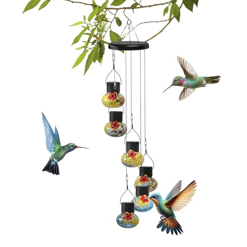 Solar Powered Hummingbird Feeder with Wind Chime Elegance (flower)