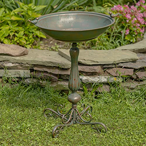 Ornate Pedestal Style Birdbath with Cast Iron Birds on Rim