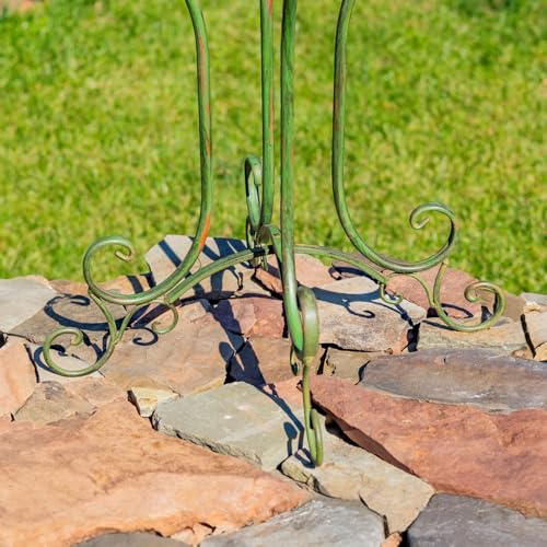 Deep Well Made Metal Birdbath with 2 Cast Iron Birds and Leaf Decoration (Verdi Green)