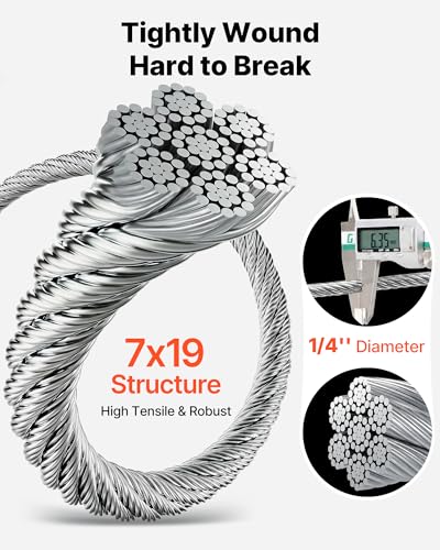 Wire Rope, 1/4" 250 ft Zinc Galvanized Carbon Steel Cable with Gloves, 7000 lbs Breaking Strength, 7 x 19 Strands Construction Marine Aircraft Grade for Handrail Stair Decking Fence Outdoors