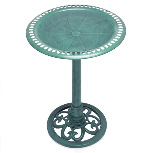 TEC116 Outdoor Aged Green Pedestal Birdbath with Scrollwork