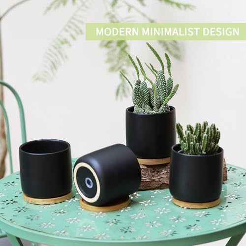 4" Ceramic Plant Pots with Drainage Holes & Trays Black Set of 4 (4 Count)