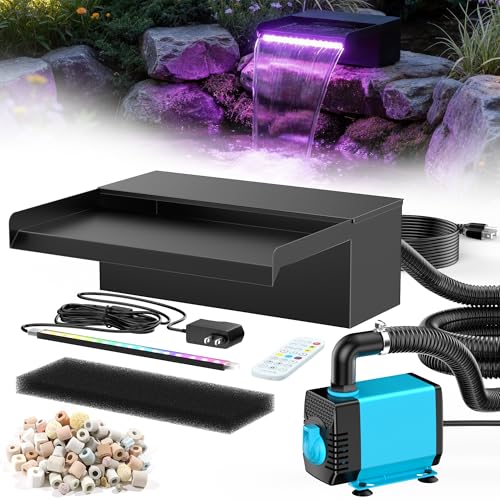 12inch Pond Waterfall Spillway with RGB LED Lights & 660GPH Pump Kit (12INCH with Remote Lights)