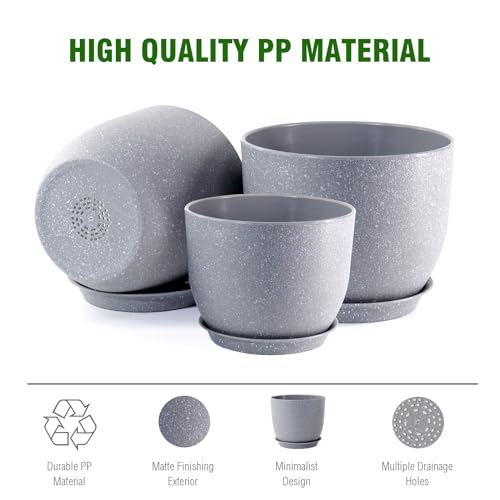 10/9/8 inch Plant Pots, Set of 3 Modern Decorative Plastic Planters with Drainage Holes and Saucers for Garden House Plants, Flower Pots for Indoor Outdoor Plants, Speckled Grey (3 Count)