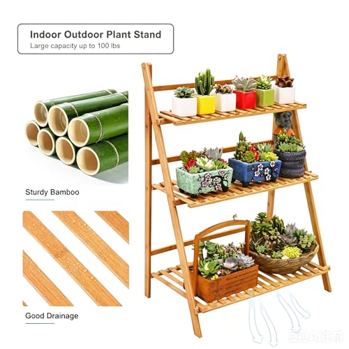Bamboo Ladder Plant Stand 3 Tier Foldable Flower Pot Display Shelf