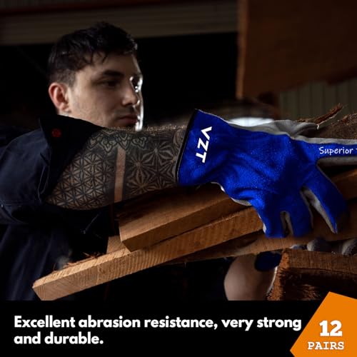 12 Pairs Bulk Leather Work Gloves for Men or Women for Construction (12 Count)