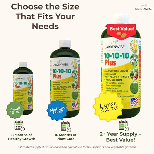 10-10-10 All Purpose Plant Food - Liquid Fertilizer with Seaweed Kelp & Iron - Indoor & Outdoor Plant Food, Vegetables, Flowers, Lawn & Garden 1x32oz (32 Ounce)