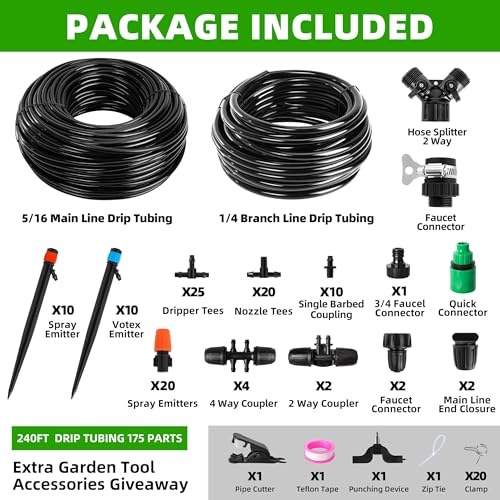 240FT DIY Automatic Drip Irrigation System Kit for Garden (175 Count)