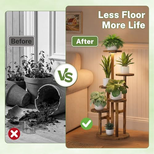 5 Tier Wood Plant Stand Indoor Corner with Grow Light (Pine Brown with Light / 5 Tiers)