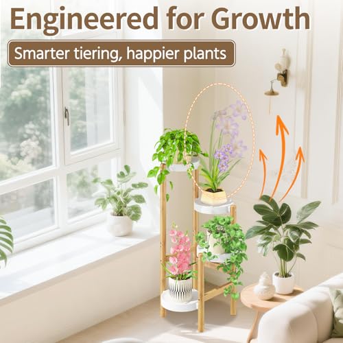 Plant Stand Table Tall for Indoor Corner (Simple White-Bamboo / 4 Tier)