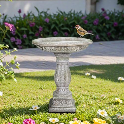 23.8” H x 20” Dia Outdoor Birdbath with Exquisite Carvings Pedestal