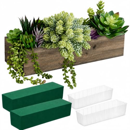 2 Set Wood Boxes for Centerpieces 12x4 Inch Rectangle Wooden Planter Box Rustic Wooden Planters with Removable Plastic Liner Floral Foam Blocks for Christmas Wedding Garden Decor (12 X 4 Inch / Brown)