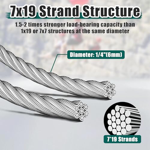 1 4" Stainless Steel Cable 50FT Wire Rope with Clamps and Thimble (50 Foot)