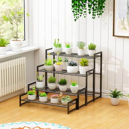 4 Tier Metal Stackable Plant Stand (Black / 27.5"L x33"W x 23.6"H)