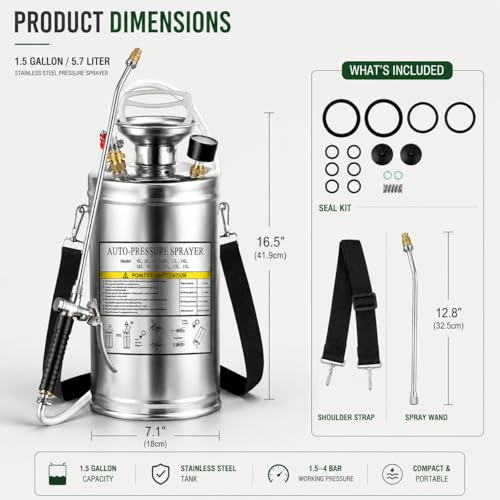 1.5Gal Stainless Steel Pump Up Sprayer Reinforced Hose