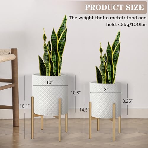 Planters for Indoor Plants Set of 2 Modern Metal Planter with Stand (Cream White / 8"&10")