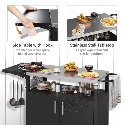 Outdoor Grill Cart Table with Stainless Steel Top for Kitchen Prep & BBQ (Black / 20 x 50 x 32.2 inches)