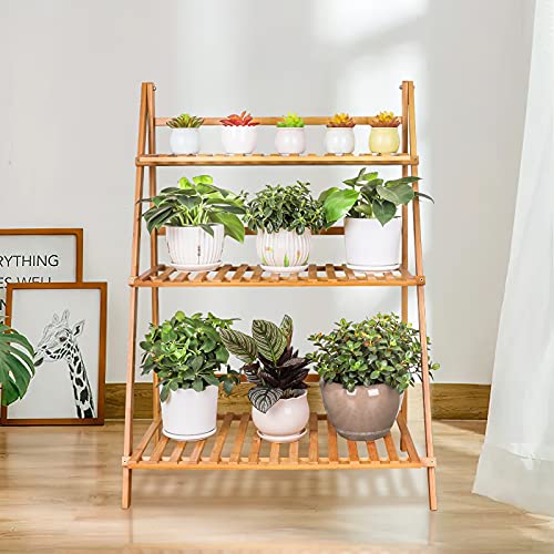 Bamboo Ladder Plant Stand 3 Tier Foldable Flower Pot Display Shelf