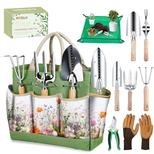Garden Tools 9 Pcs Heavy Duty Gardening Tool Set Green Tote Bag Men Women (9 Count)