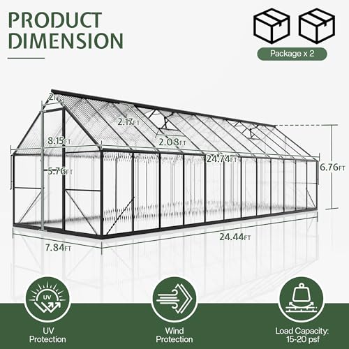 8x24 FT Walk in Polycarbonate Greenhouse with 2 Top Windows (8x24x6.7)