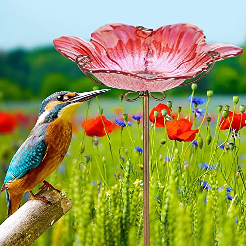 Bird Baths for Outdoors Glass Bird Bath Bowl Outdoor Bird Feeder Flower Pattern with Metal Stake for Garden