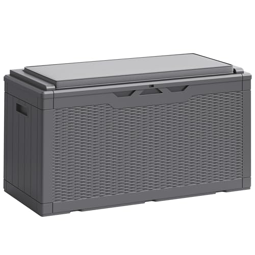 100 Gallon Resin Deck Box Large Outdoor Storage Boxes with Cushions for Garden Tools (Gray / 100 Gallon)