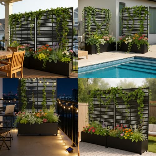 Metal Planter Box with Trellis Privacy Screen (Black line / 73"x 47"x 16")