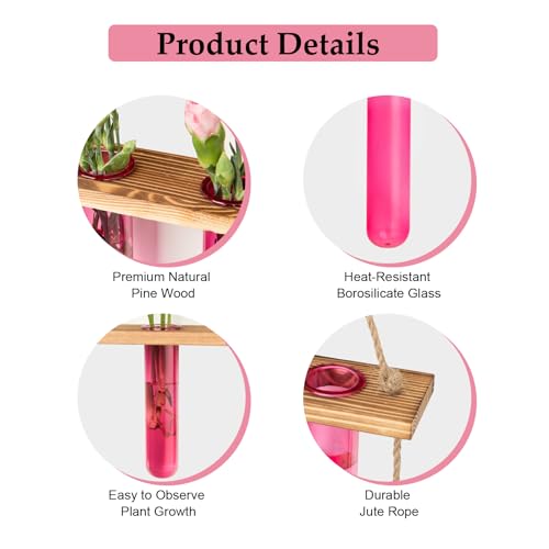 Wall Hanging Propagation Station with Wooden Stand Pink (Pink-9 Tube Vase)