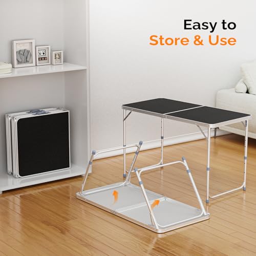 4FT White Folding Table with Carrying Handle Height Adjustable Lightweight Fold Up Portable for Indoor Outdoor Picnic (Black / 4ft)