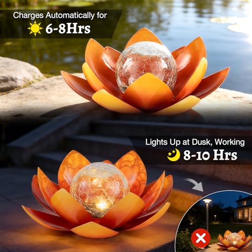 Solar Lights Outdoor Garden Decoration Crackle Globe Glass Waterproof LED Metal Orange Lotus Flowers Gift for Mom (Dazzling Blue)