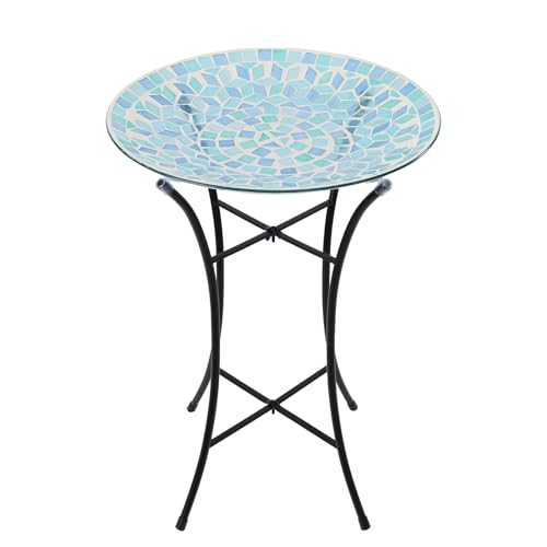 Mosaic Glass Bird Baths with Metal Stand for Garden Birdfeeder Decor (Green)