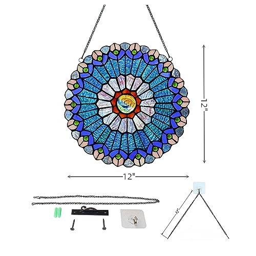 12 Inch Blue Mandala Stained Glass Window Panel (Blue & Red)